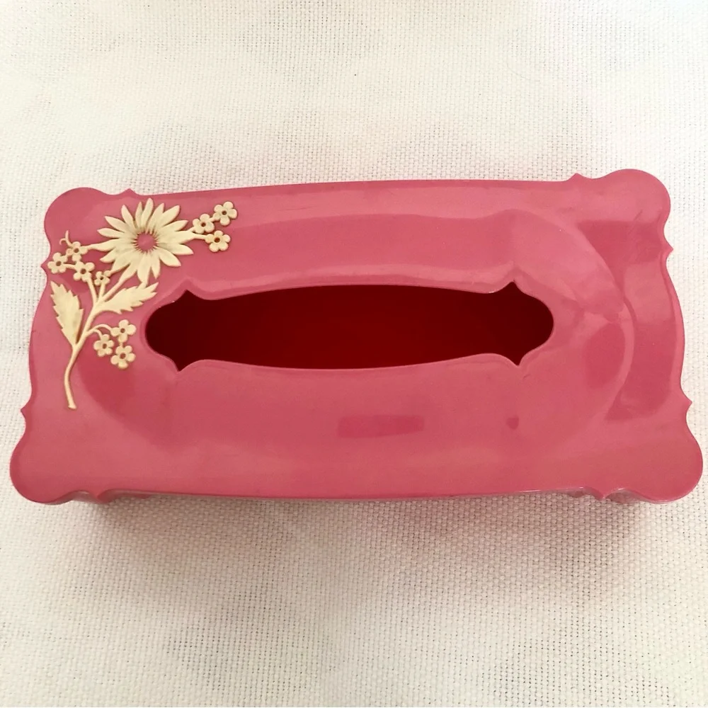 Vintage mid century 60's Plastic Pink Schwarz Bros Tissue Box Cover Floral